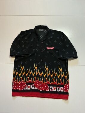 Vintage Y2K Stylo Las Vegas Casino Flaming Dice Cards Gambler Button Shirt